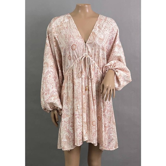 Free People Dresses & Skirts - Free People Dress Women XS Arzel Mini Ivory Paisley Print Kimono Pleated Satin